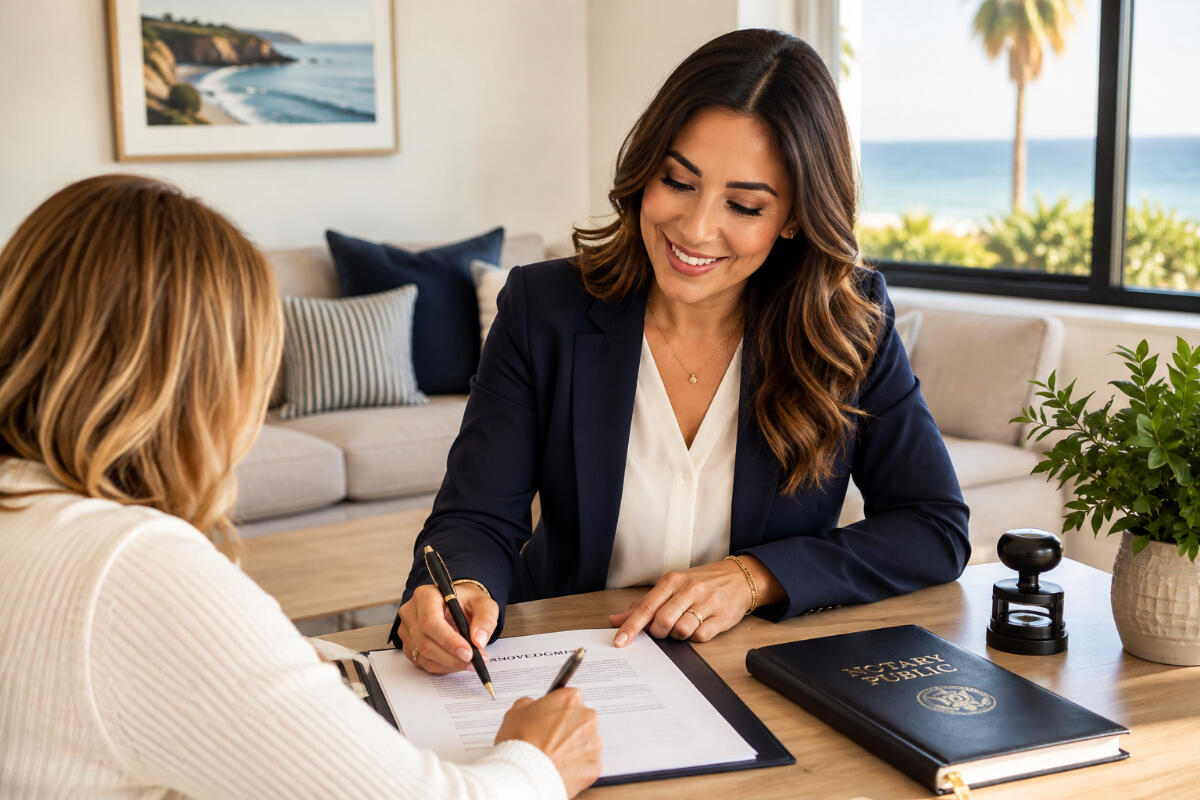 Professional mobile notary assisting a client with document signing in Ventura County